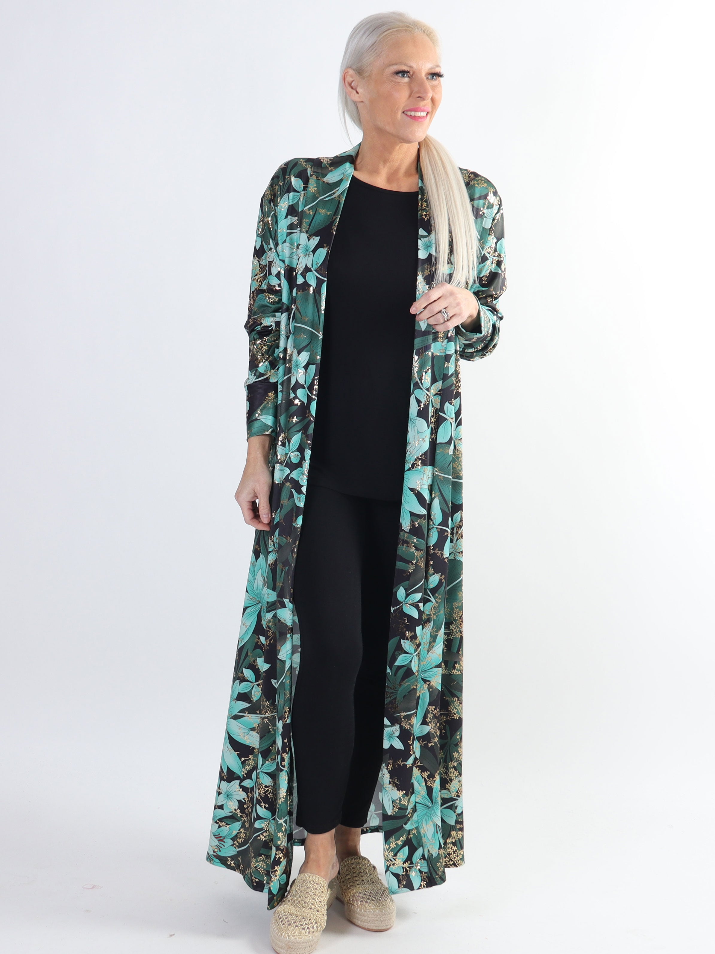Mikkala Gold Flower - Elastisk plus size cardigan med print